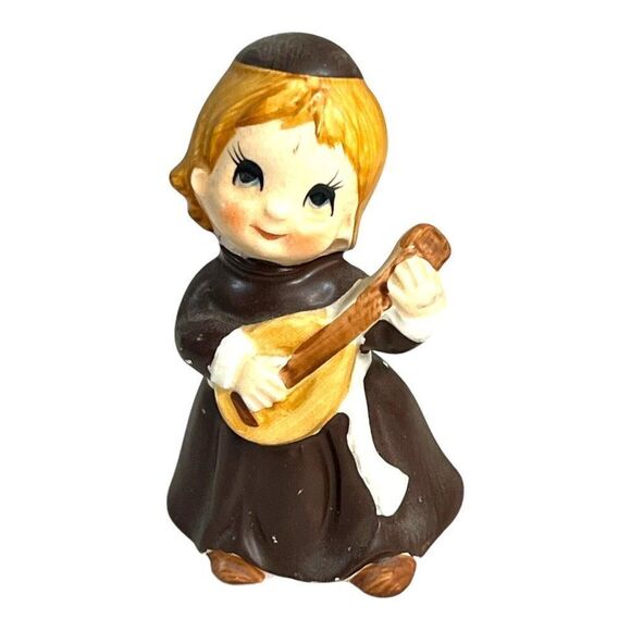 Lot 2 Vintage Ceramic Monks Friars Playing insturments Harp Banjo Made In japan - Picture 2 of 14